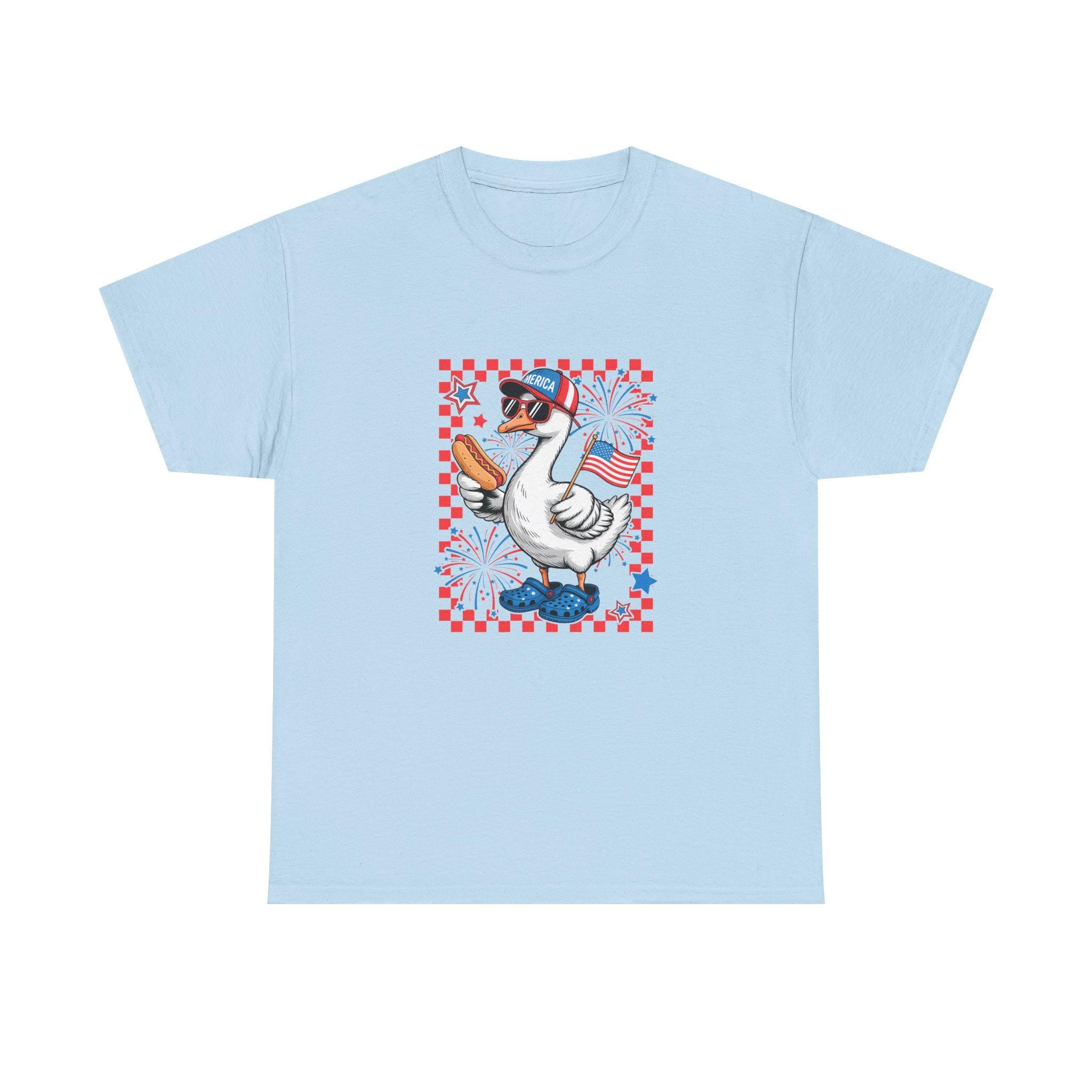 Patriotic Goose Holding Hotdog T-Shirt | American Flag Checkered Design