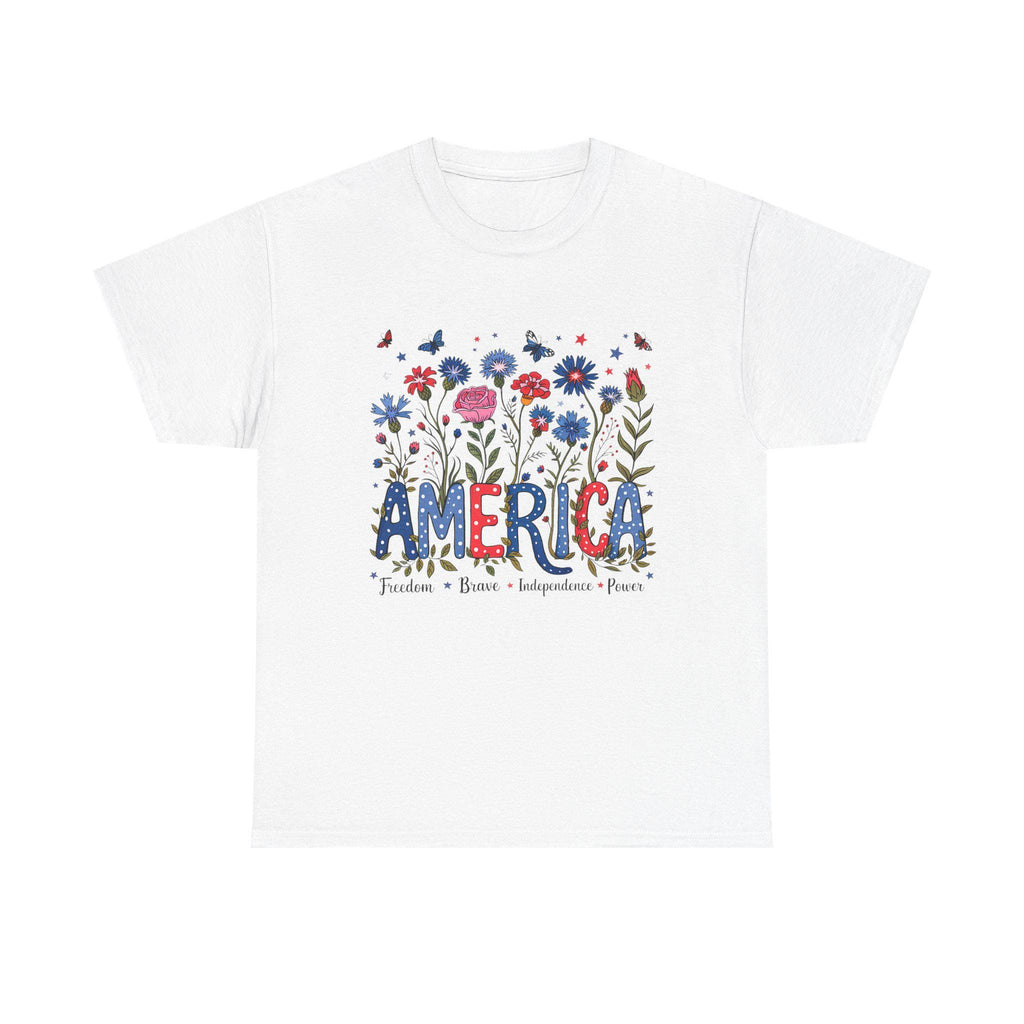 America floral patriotic T-Shirt | red blue flowers, freedom independence