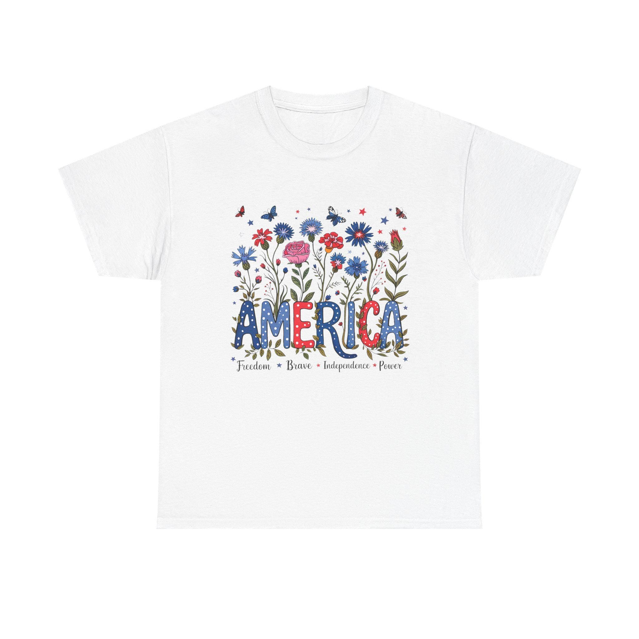 America floral patriotic T-Shirt | red blue flowers, freedom independence