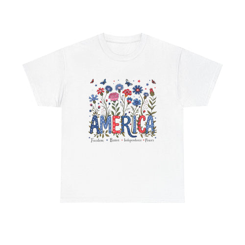 America floral patriotic T-Shirt | red blue flowers, freedom independence