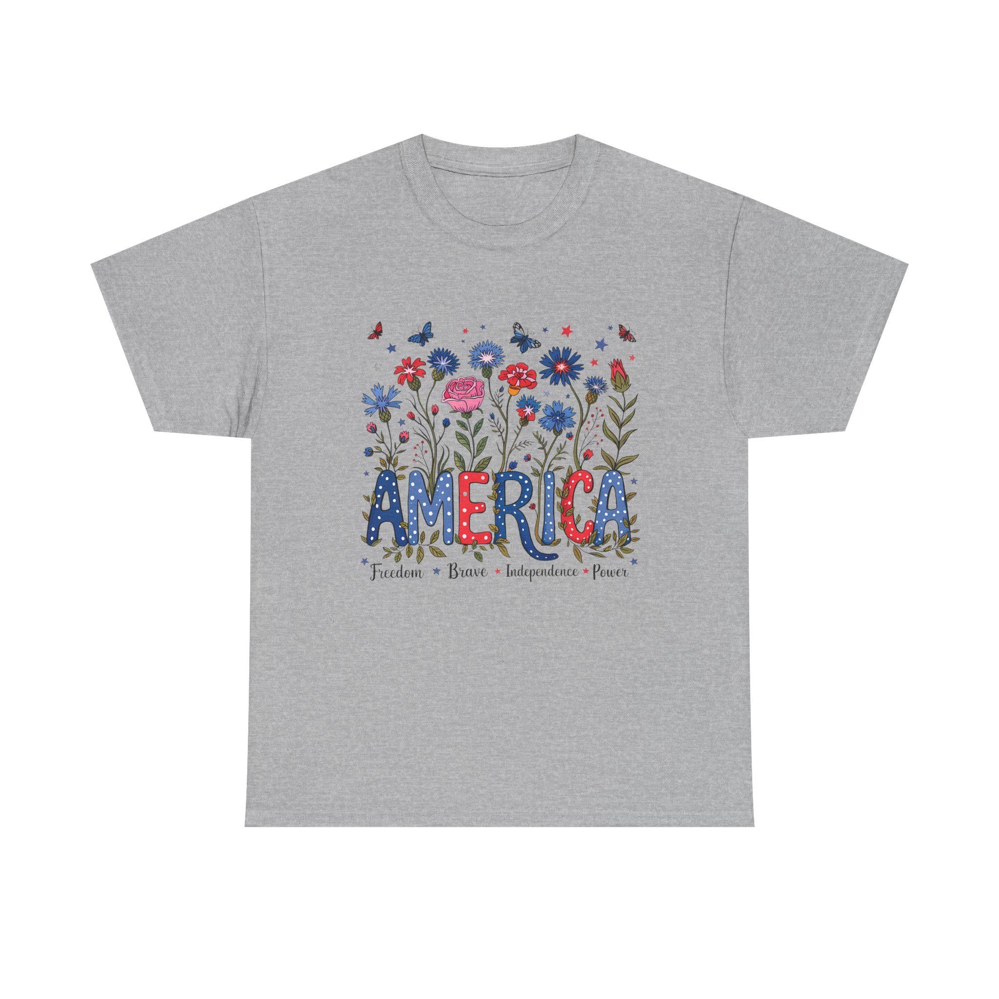 America floral patriotic T-Shirt | red blue flowers, freedom independence