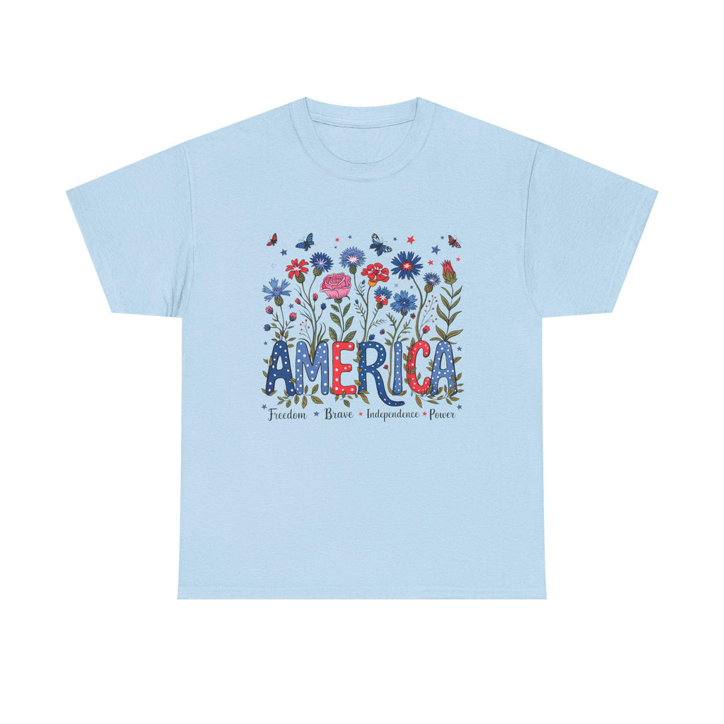 America floral patriotic T-Shirt | red blue flowers, freedom independence