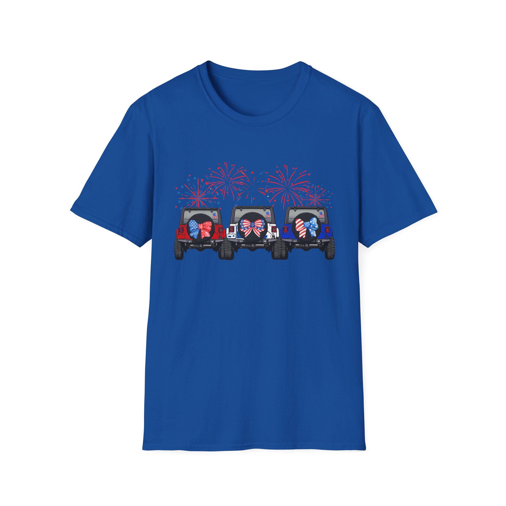 Three Jeeps with Fireworks T-Shirt | Patriotic 4th of July Graphic