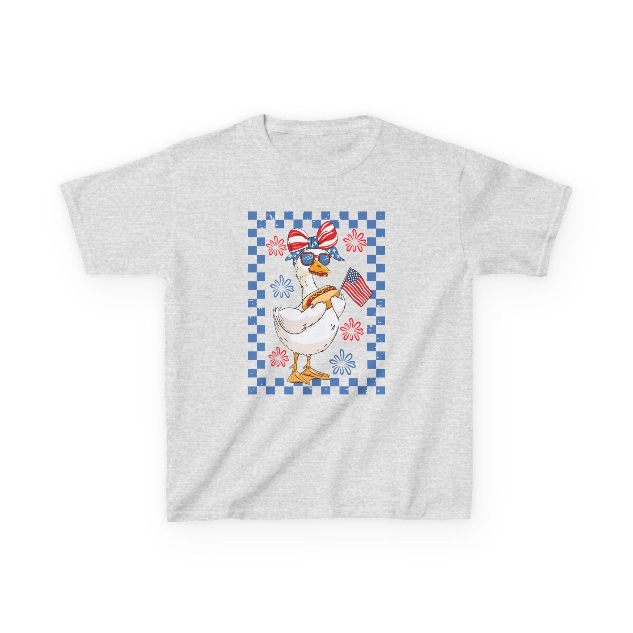 Patriotic Duck Kids Tee | American Flag Bandana, Checkered Quilt Border