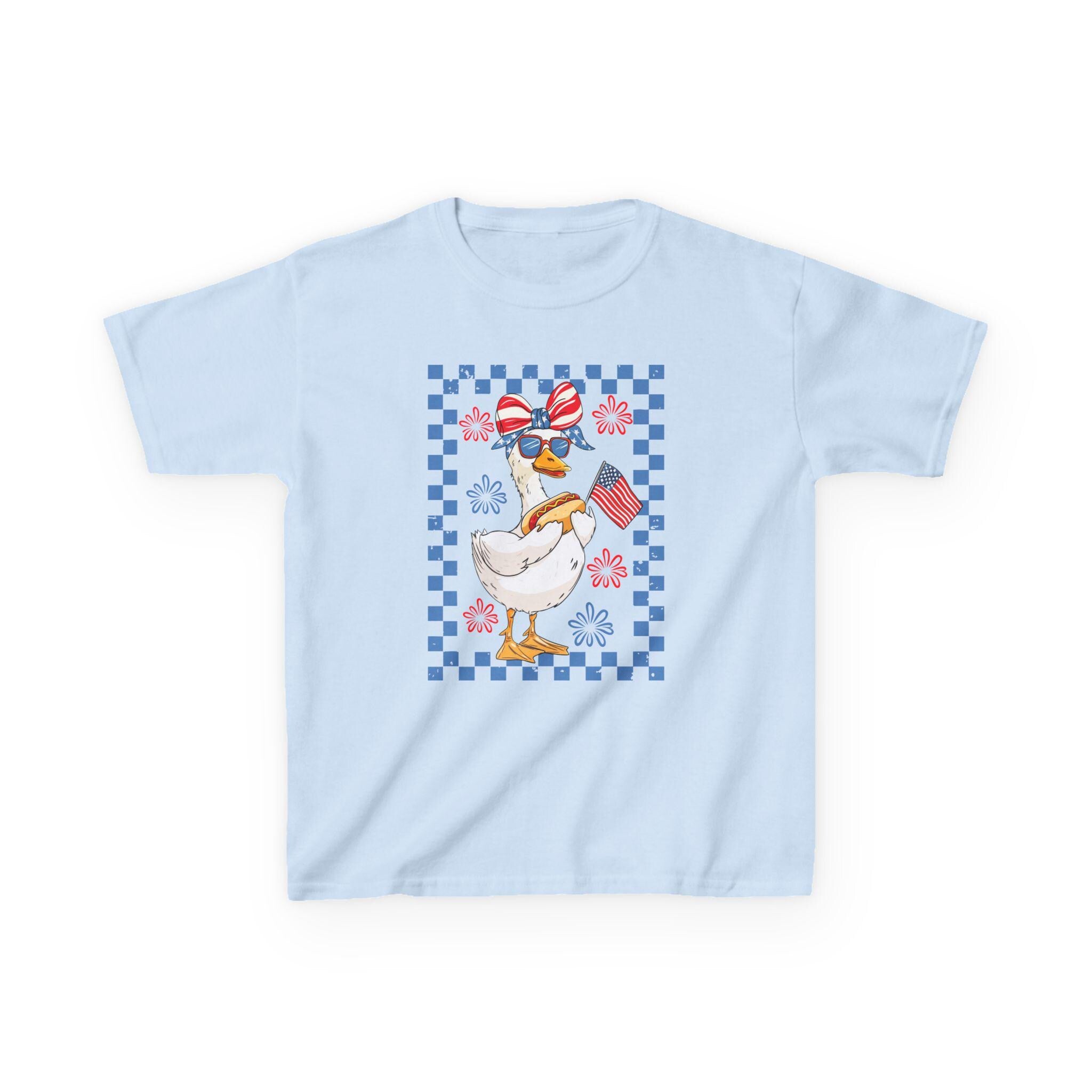 Patriotic Duck Kids Tee | American Flag Bandana, Checkered Quilt Border
