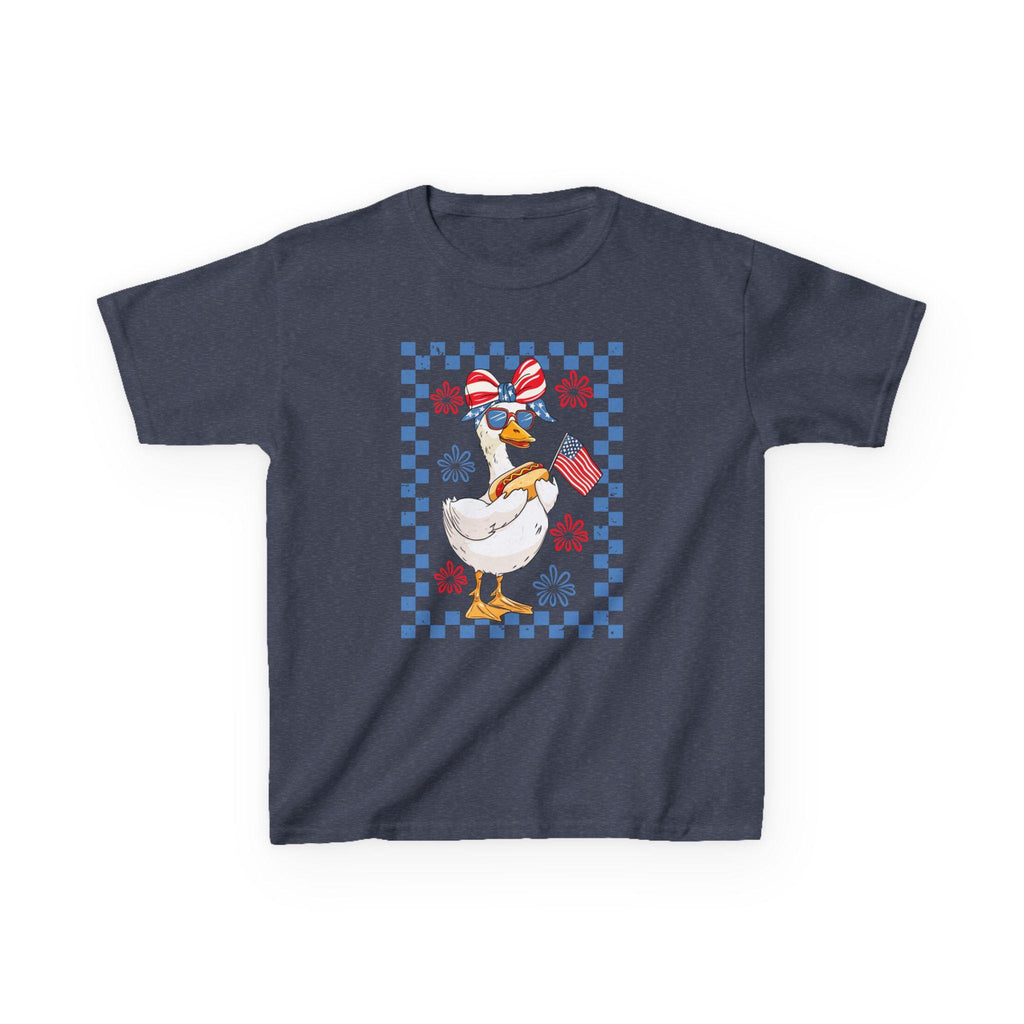 Patriotic Duck Kids Tee | American Flag Bandana, Checkered Quilt Border