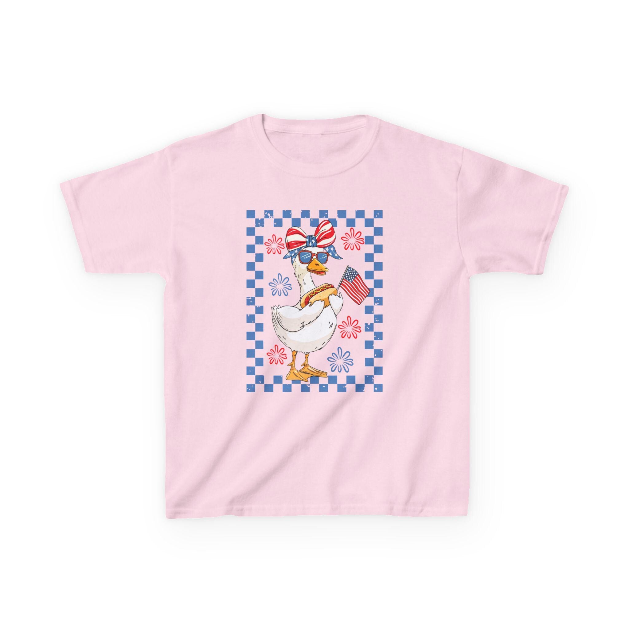 Patriotic Duck Kids Tee | American Flag Bandana, Checkered Quilt Border