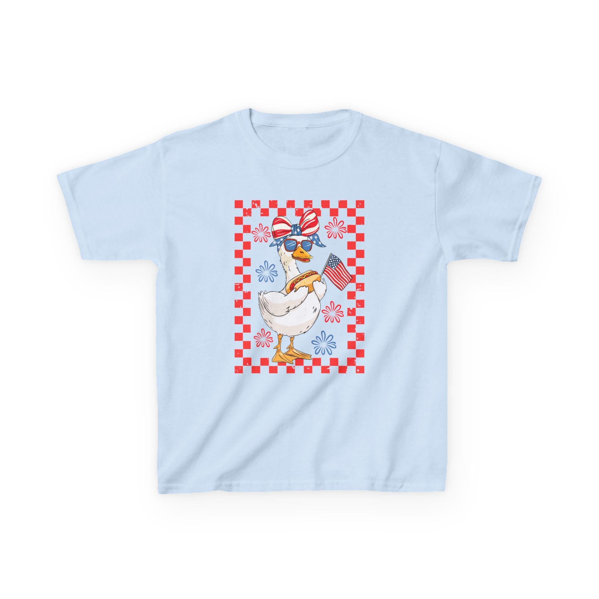 Patriotic Duck Holding Flag Kids Tee | Red Checkered Border, Sunglasses