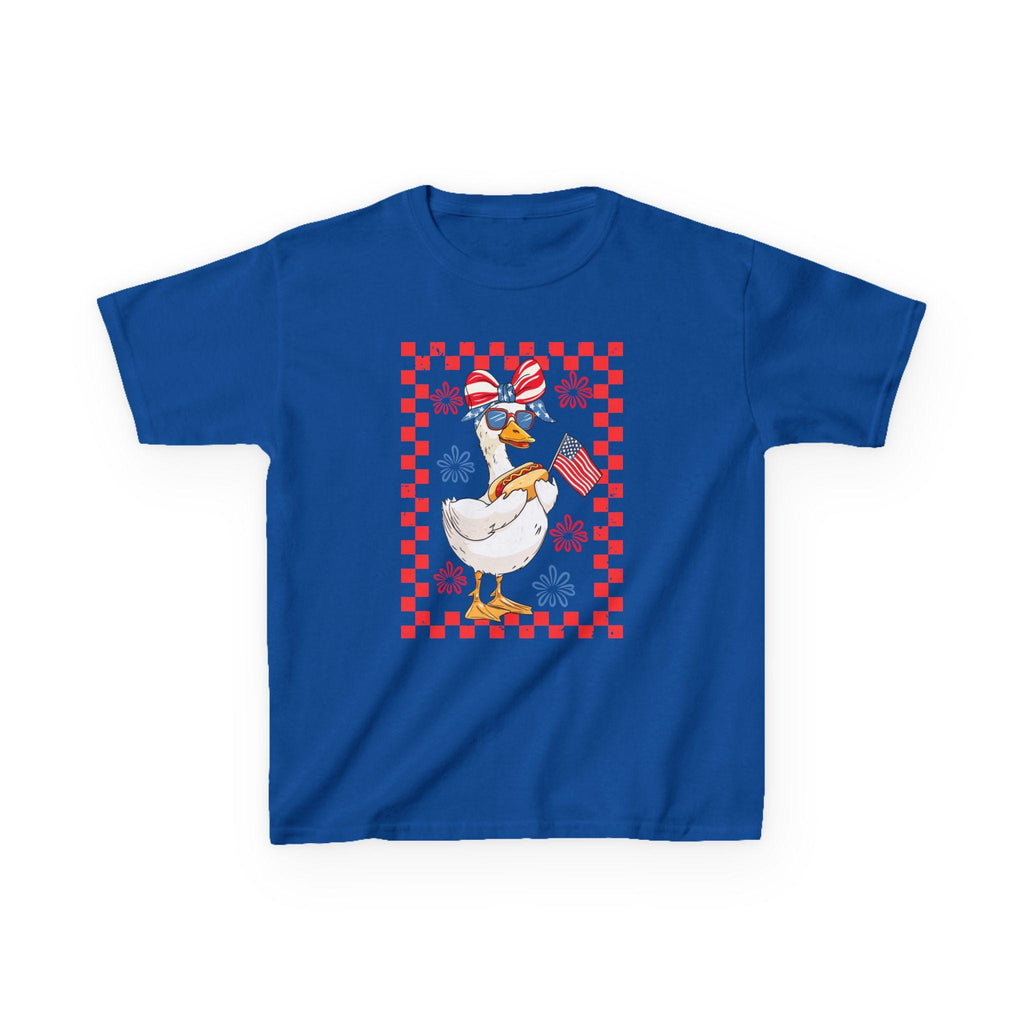 Patriotic Duck Holding Flag Kids Tee | Red Checkered Border, Sunglasses
