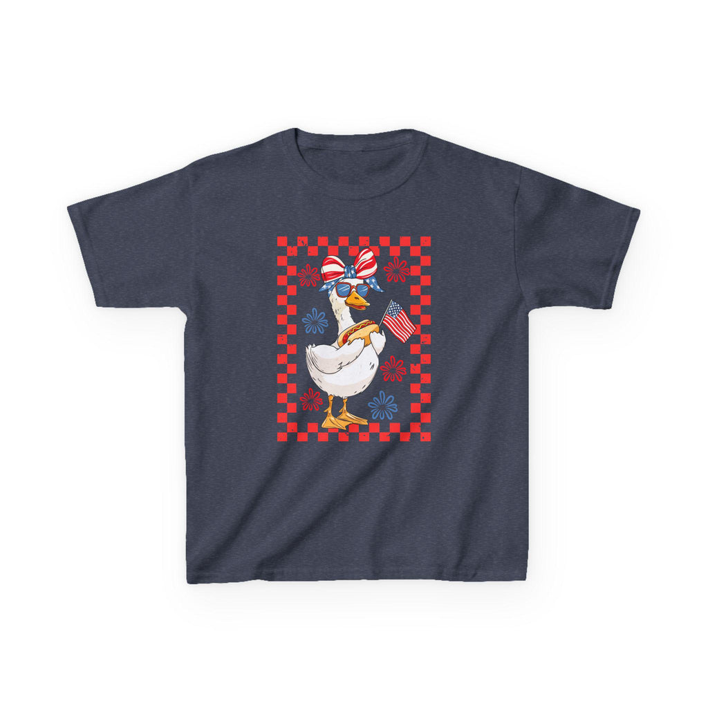 Patriotic Duck Holding Flag Kids Tee | Red Checkered Border, Sunglasses