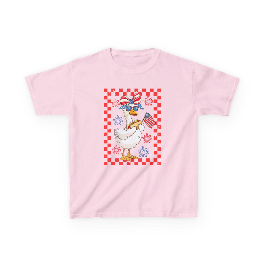 Patriotic Duck Holding Flag Kids Tee | Red Checkered Border, Sunglasses