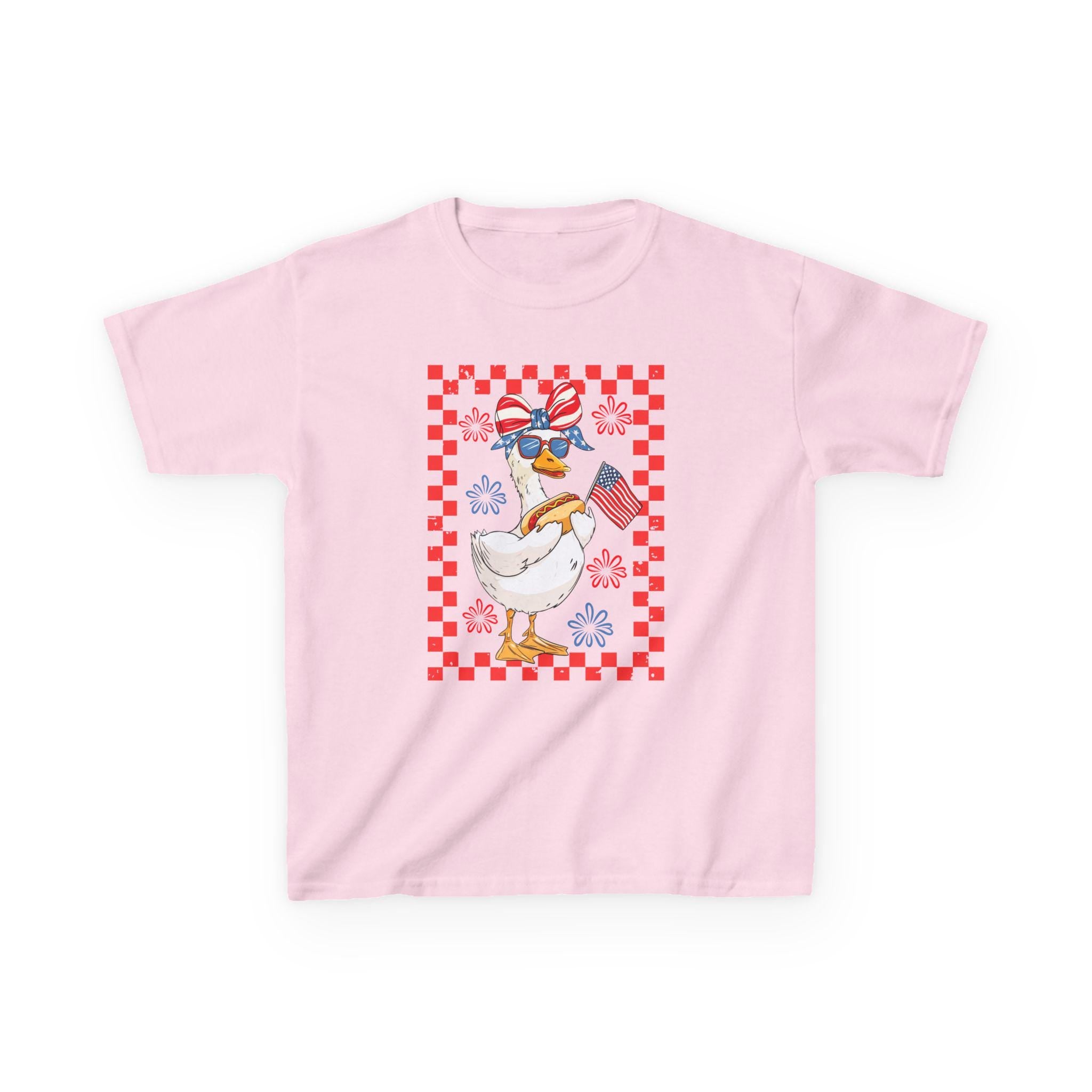 Patriotic Duck Holding Flag Kids Tee | Red Checkered Border, Sunglasses