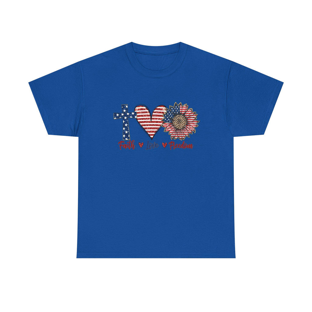Faith Love Freedom T-Shirt | Patriotic Cross Heart Sunflower, American Flag Design