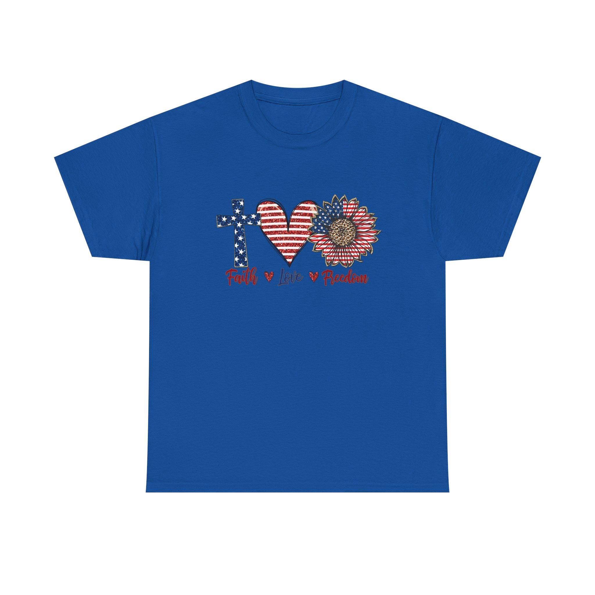 Faith Love Freedom T-Shirt | Patriotic Cross Heart Sunflower, American Flag Design