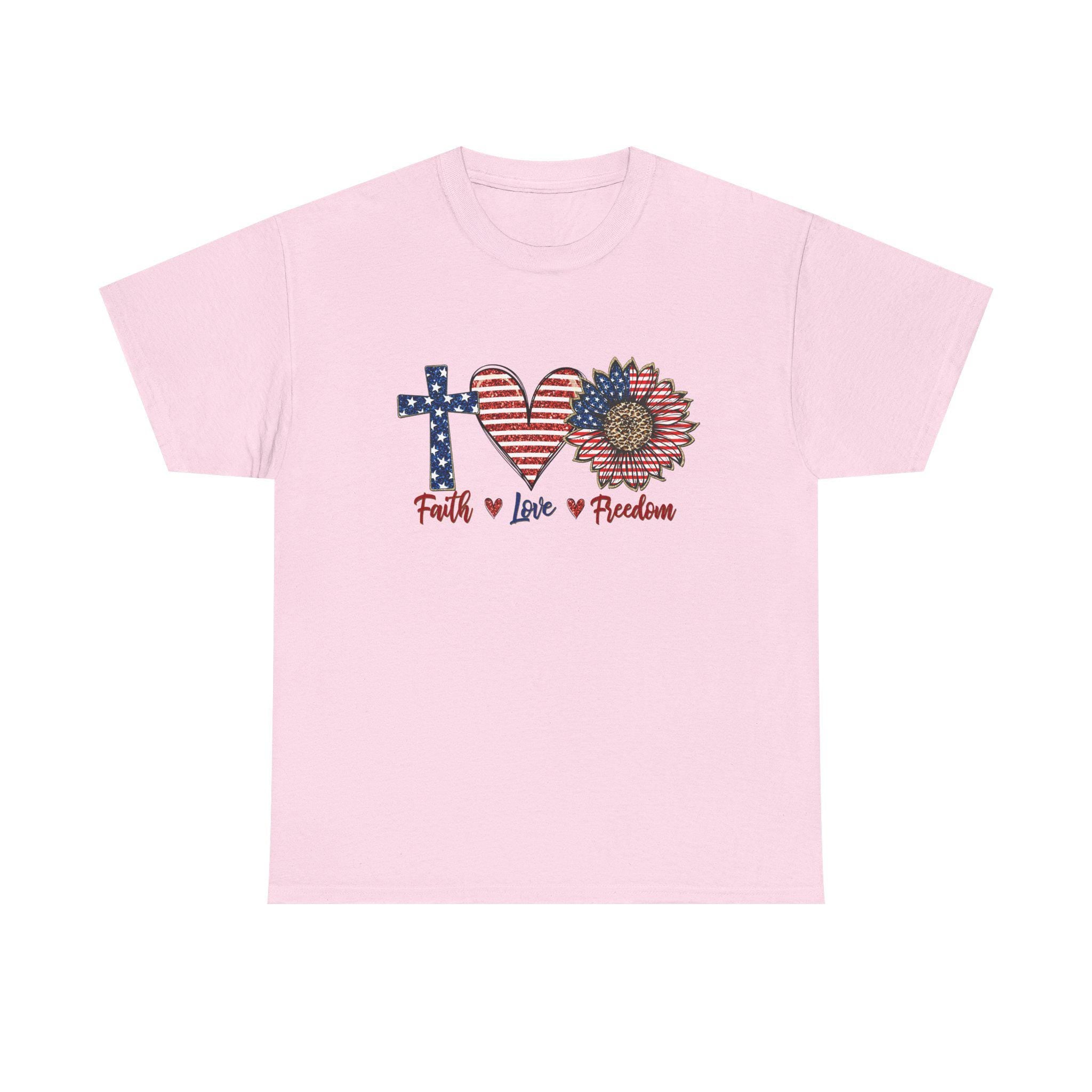 Faith Love Freedom T-Shirt | Patriotic Cross Heart Sunflower, American Flag Design