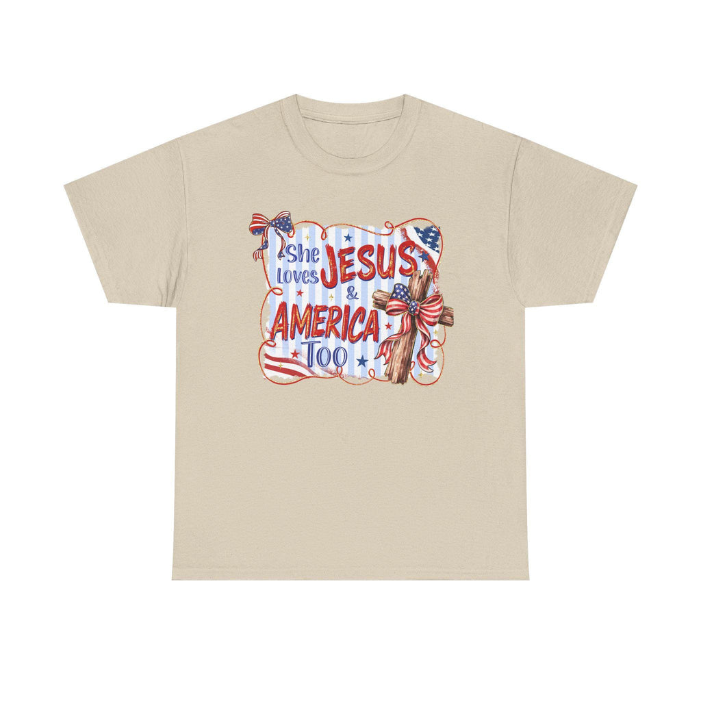 She Loves Jesus & America Too Tee | Patriotic Christian Flag Cross Design
