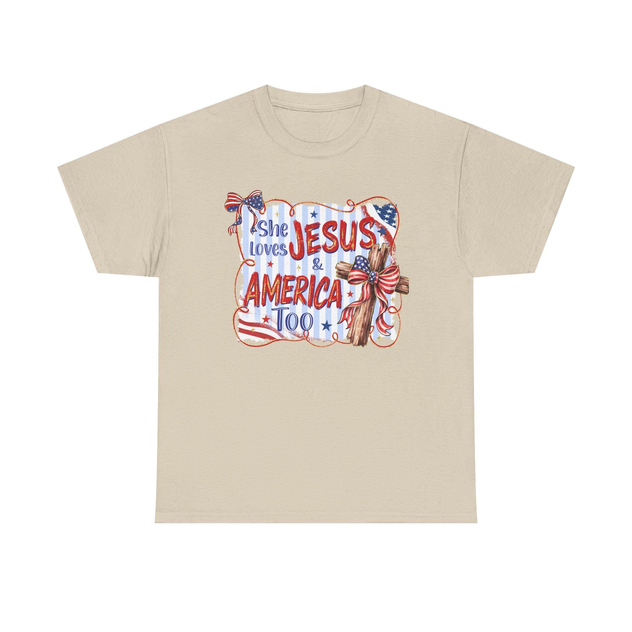 She Loves Jesus & America Too Tee | Patriotic Christian Flag Cross Design