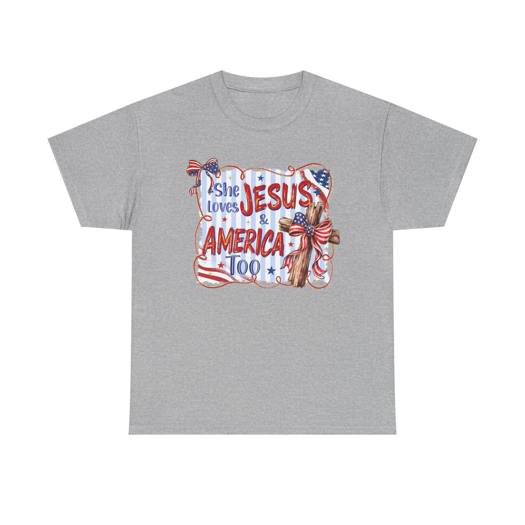 She Loves Jesus & America Too Tee | Patriotic Christian Flag Cross Design