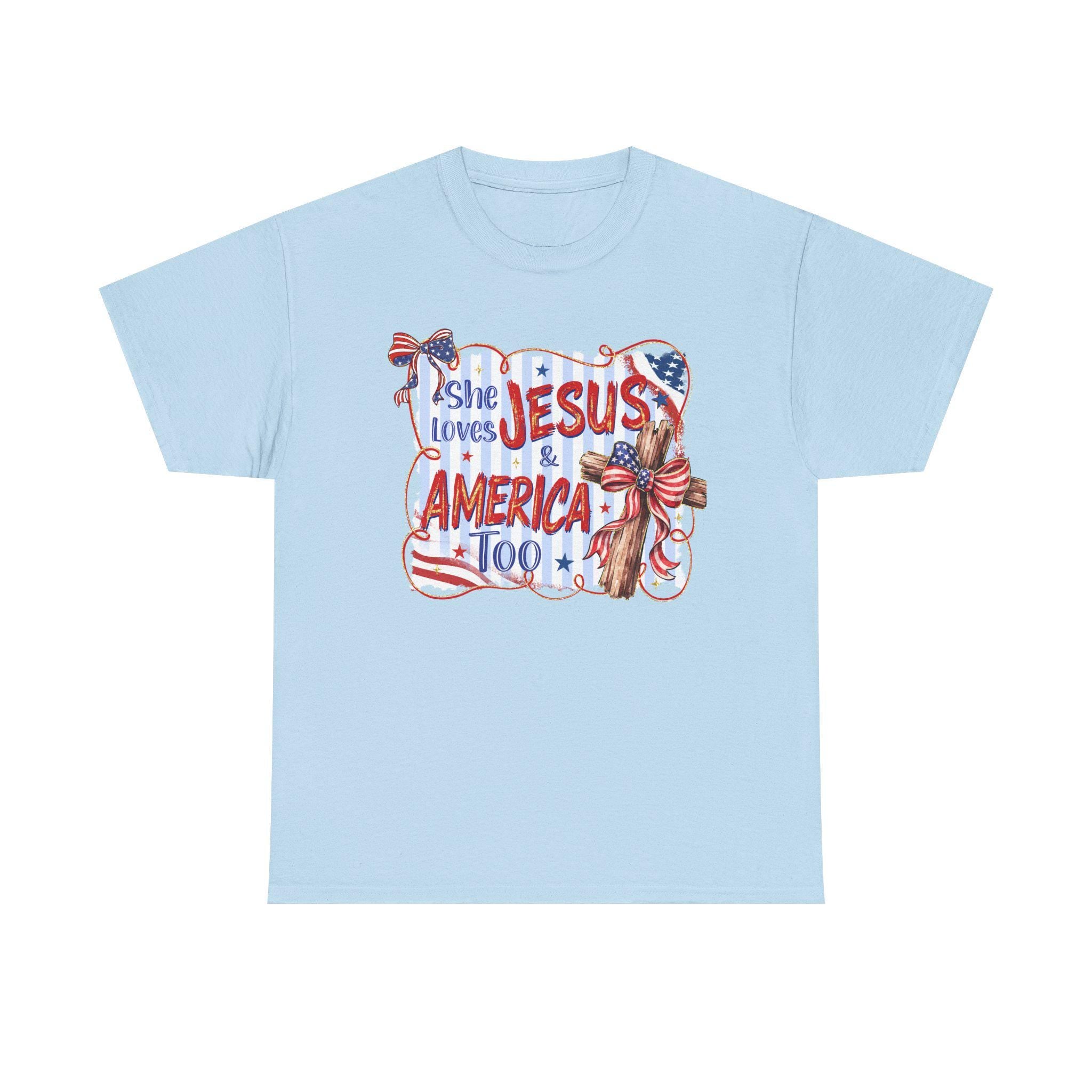 She Loves Jesus & America Too Tee | Patriotic Christian Flag Cross Design