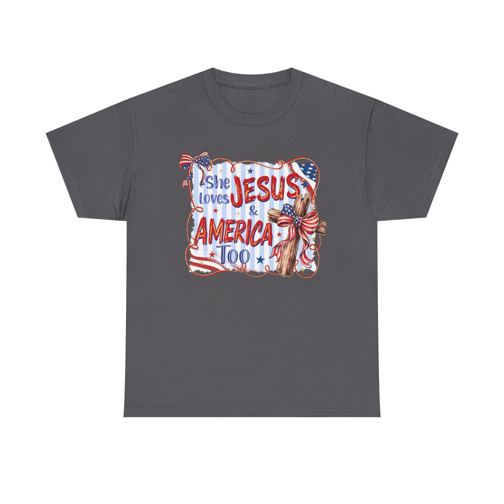 She Loves Jesus & America Too Tee | Patriotic Christian Flag Cross Design