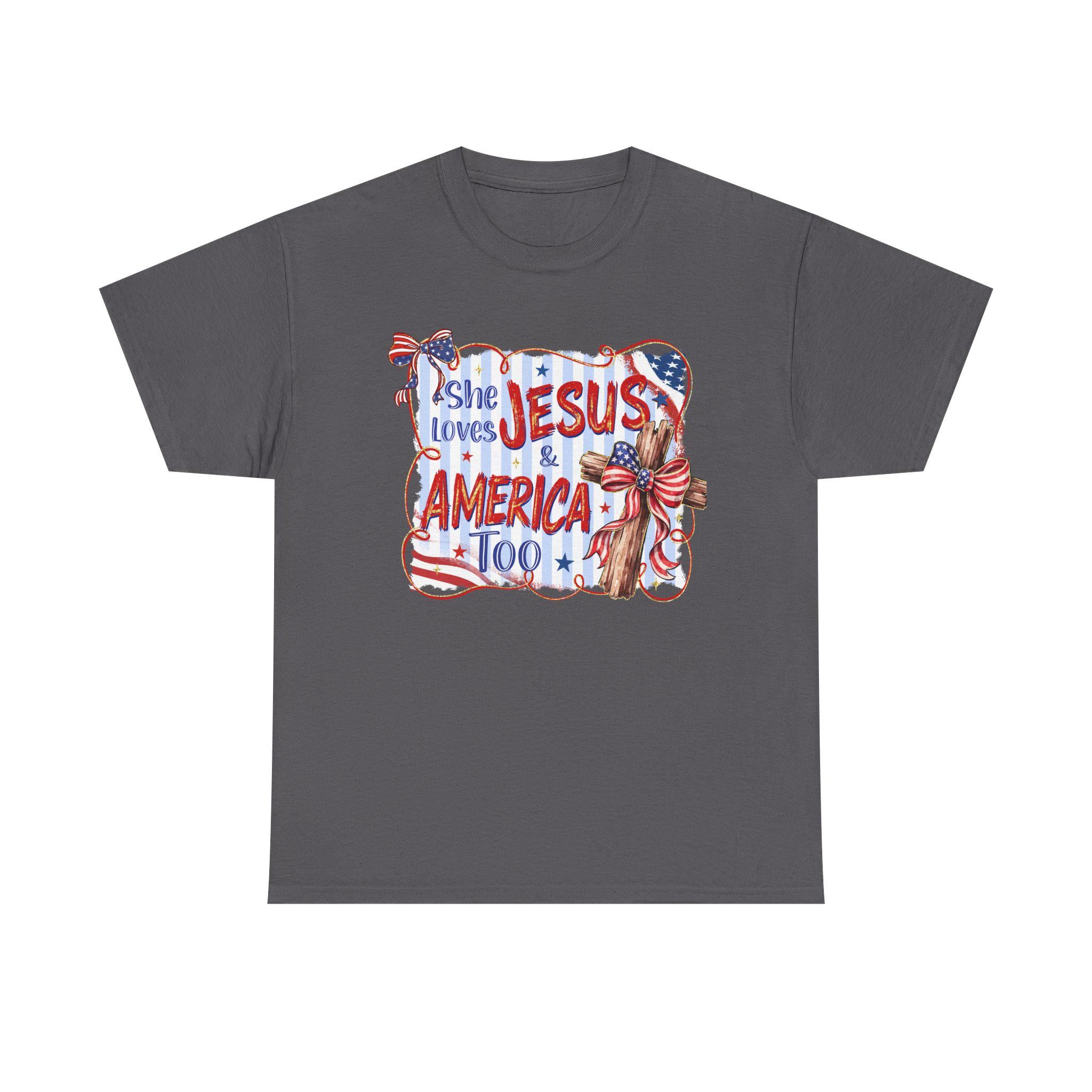She Loves Jesus & America Too Tee | Patriotic Christian Flag Cross Design