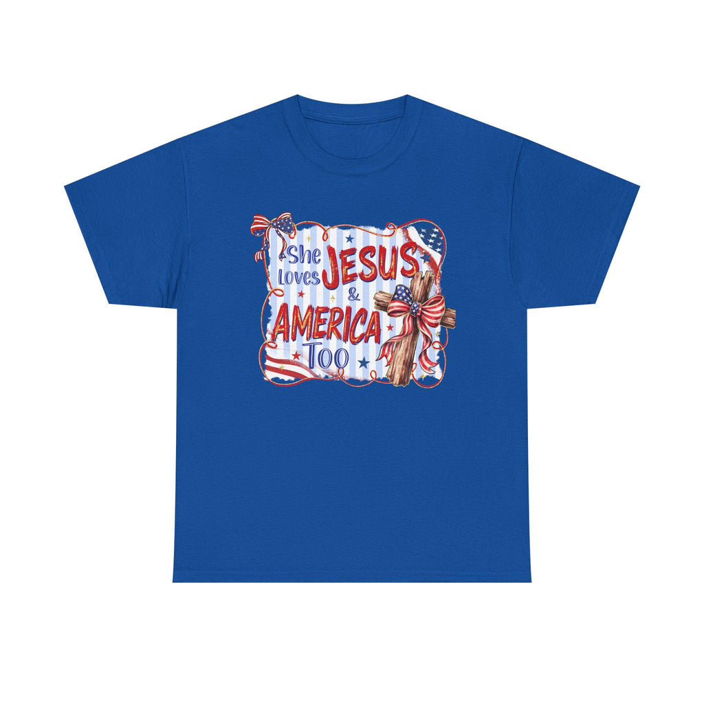 She Loves Jesus & America Too Tee | Patriotic Christian Flag Cross Design