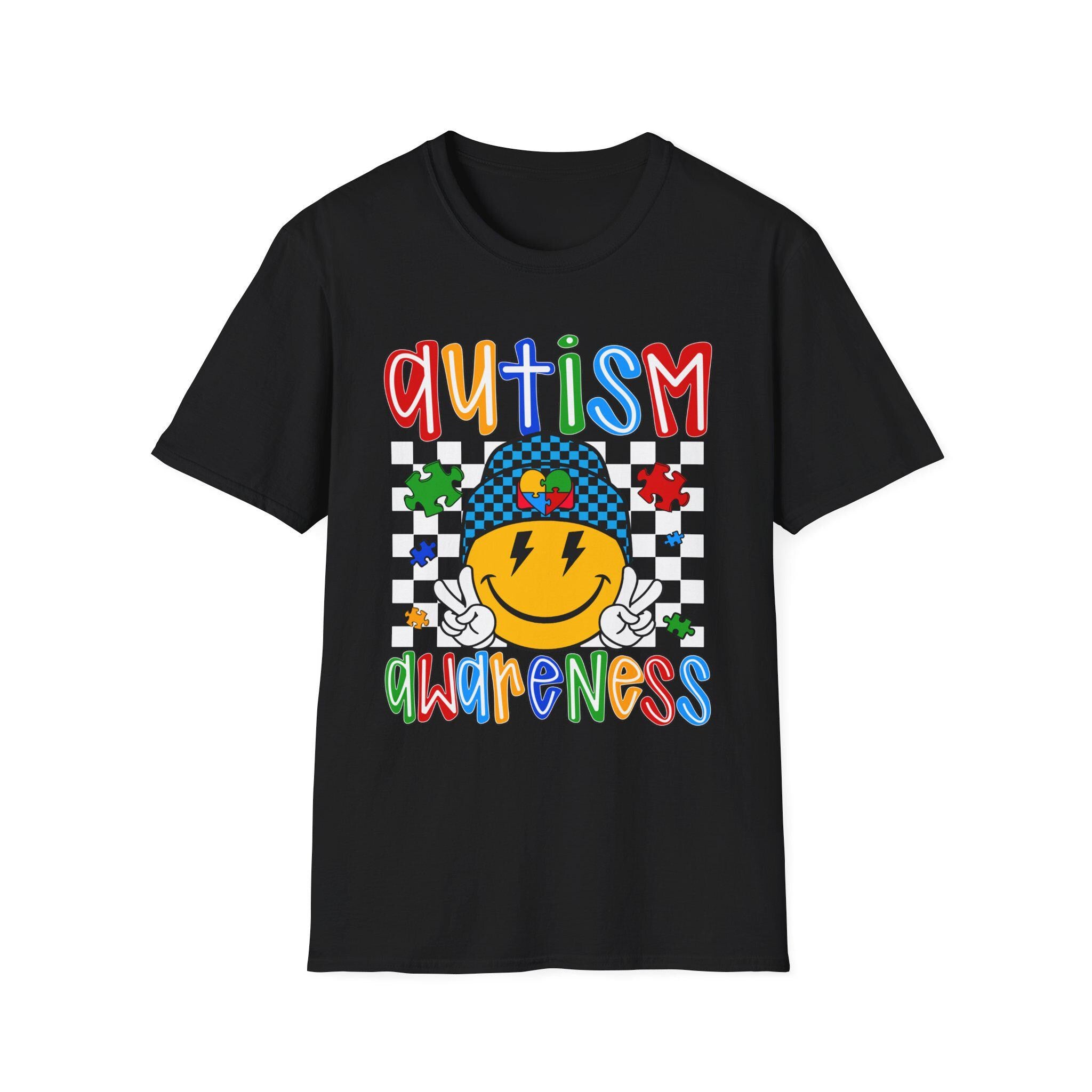 Autism Awareness Smiley Face T-Shirt | Puzzle Hat, Colorful Letters