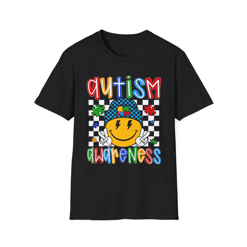 Autism Awareness Smiley Face T-Shirt | Puzzle Hat, Colorful Letters