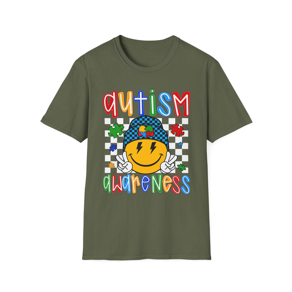 Autism Awareness Smiley Face T-Shirt | Puzzle Hat, Colorful Letters