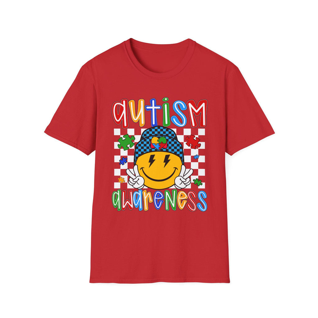 Autism Awareness Smiley Face T-Shirt | Puzzle Hat, Colorful Letters