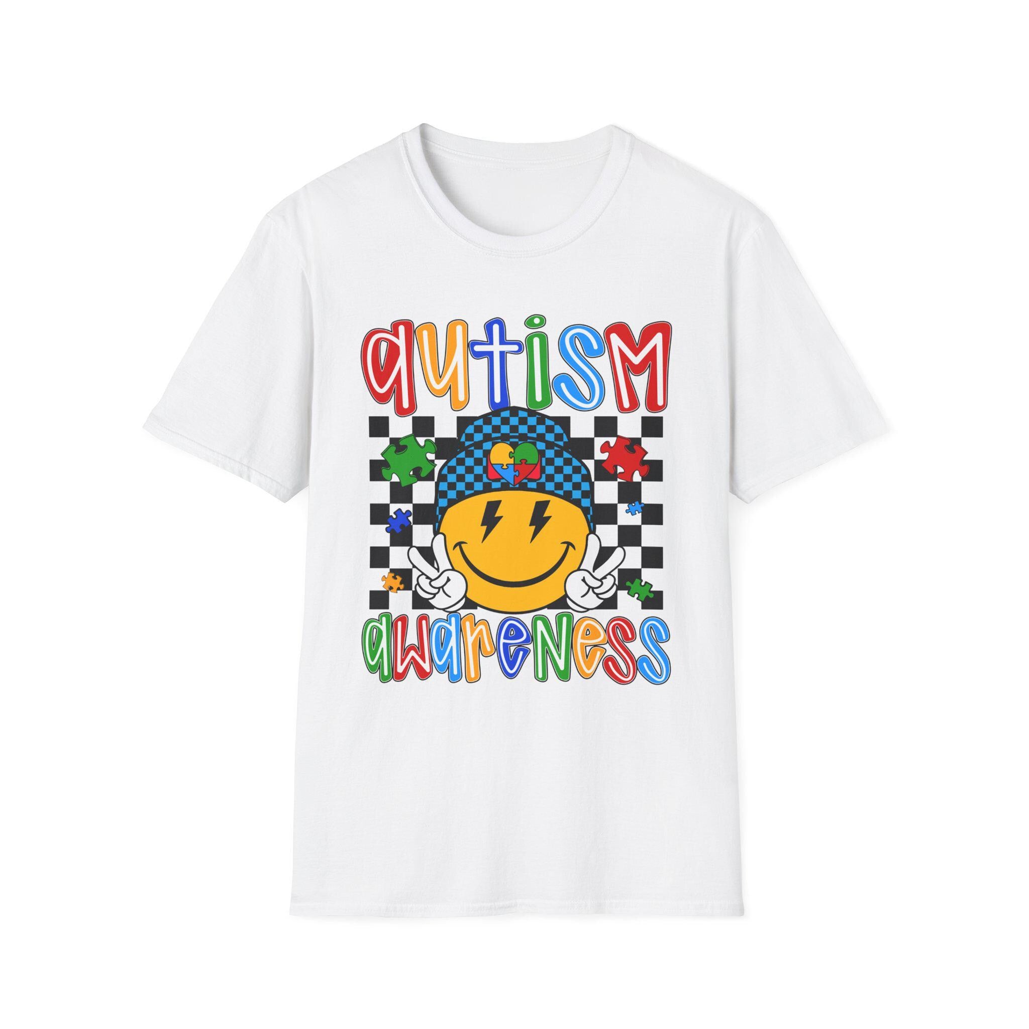 Autism Awareness Smiley Face T-Shirt | Puzzle Heart Checkerboard