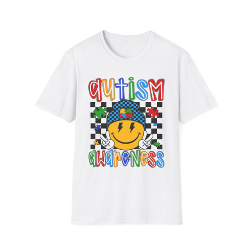 Autism Awareness Smiley Face T-Shirt | Puzzle Heart Checkerboard