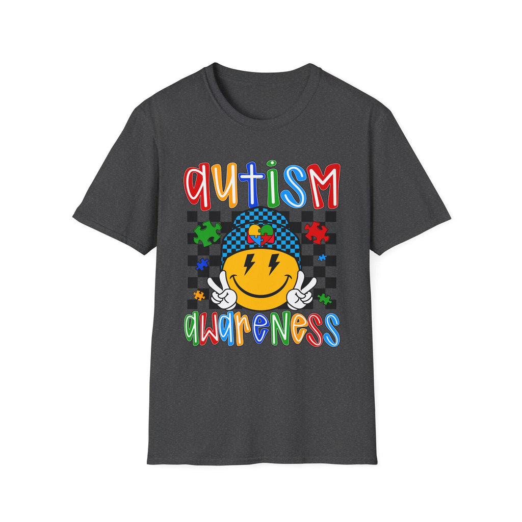 Autism Awareness Smiley Face T-Shirt | Puzzle Heart Checkerboard