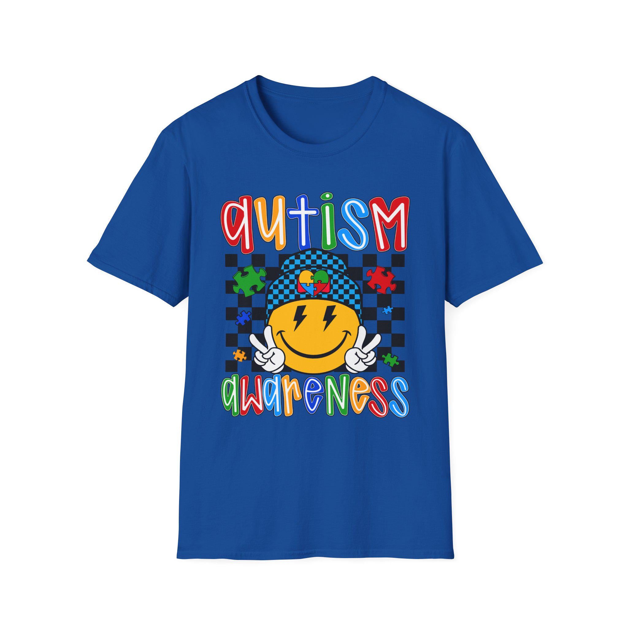 Autism Awareness Smiley Face T-Shirt | Puzzle Heart Checkerboard