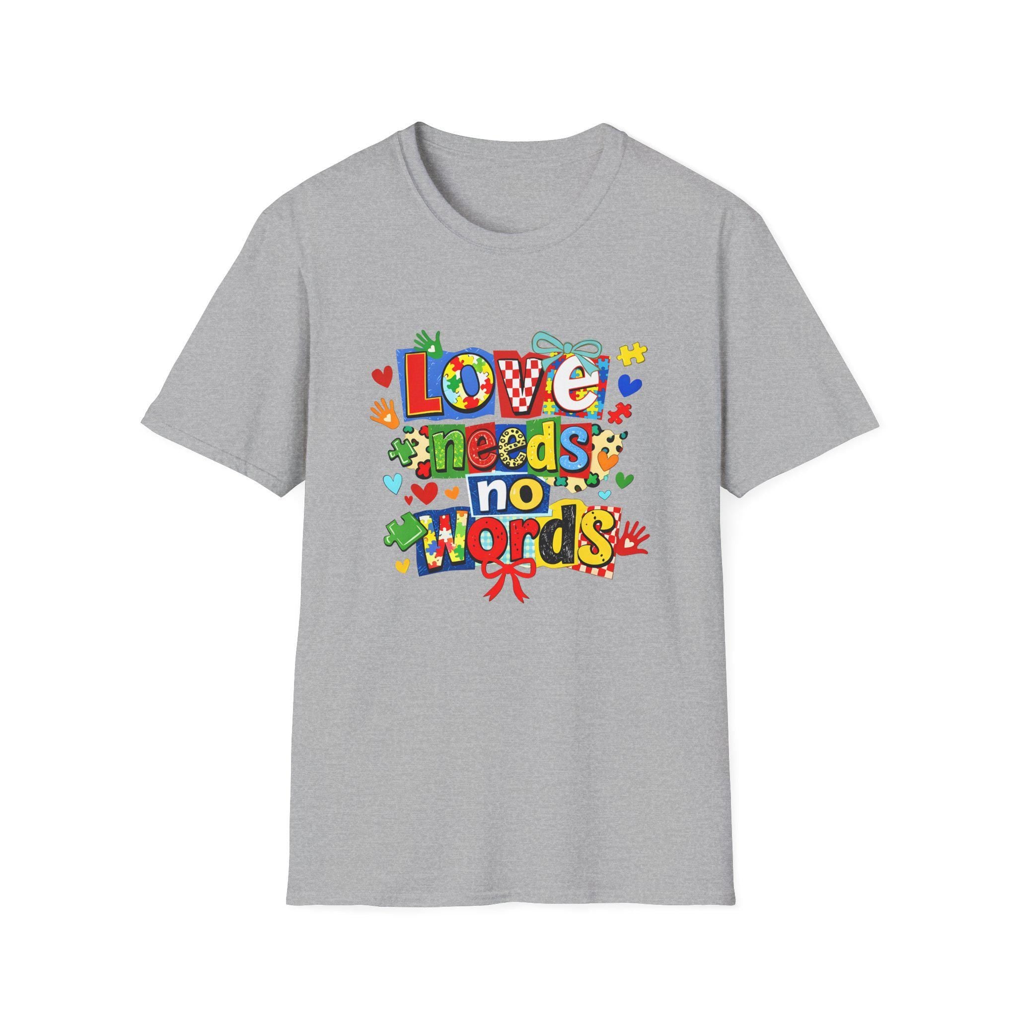 Love Needs No Words T-Shirt | Colorful Handprint Heart Illustration