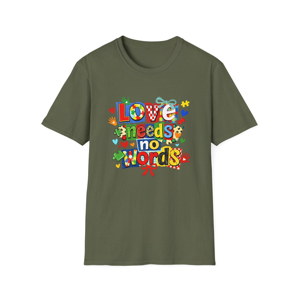 Love Needs No Words T-Shirt | Colorful Handprint Heart Illustration