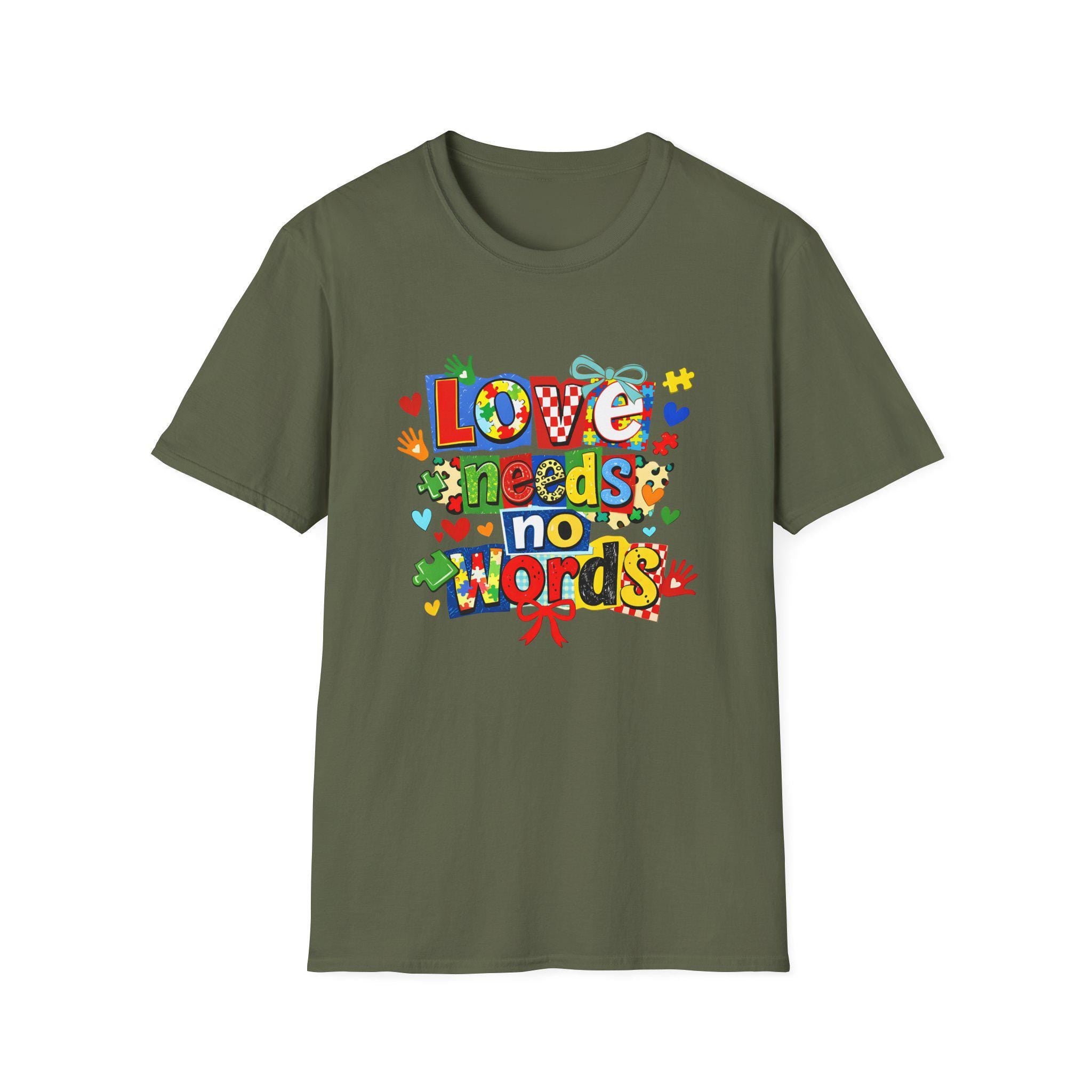 Love Needs No Words T-Shirt | Colorful Handprint Heart Illustration