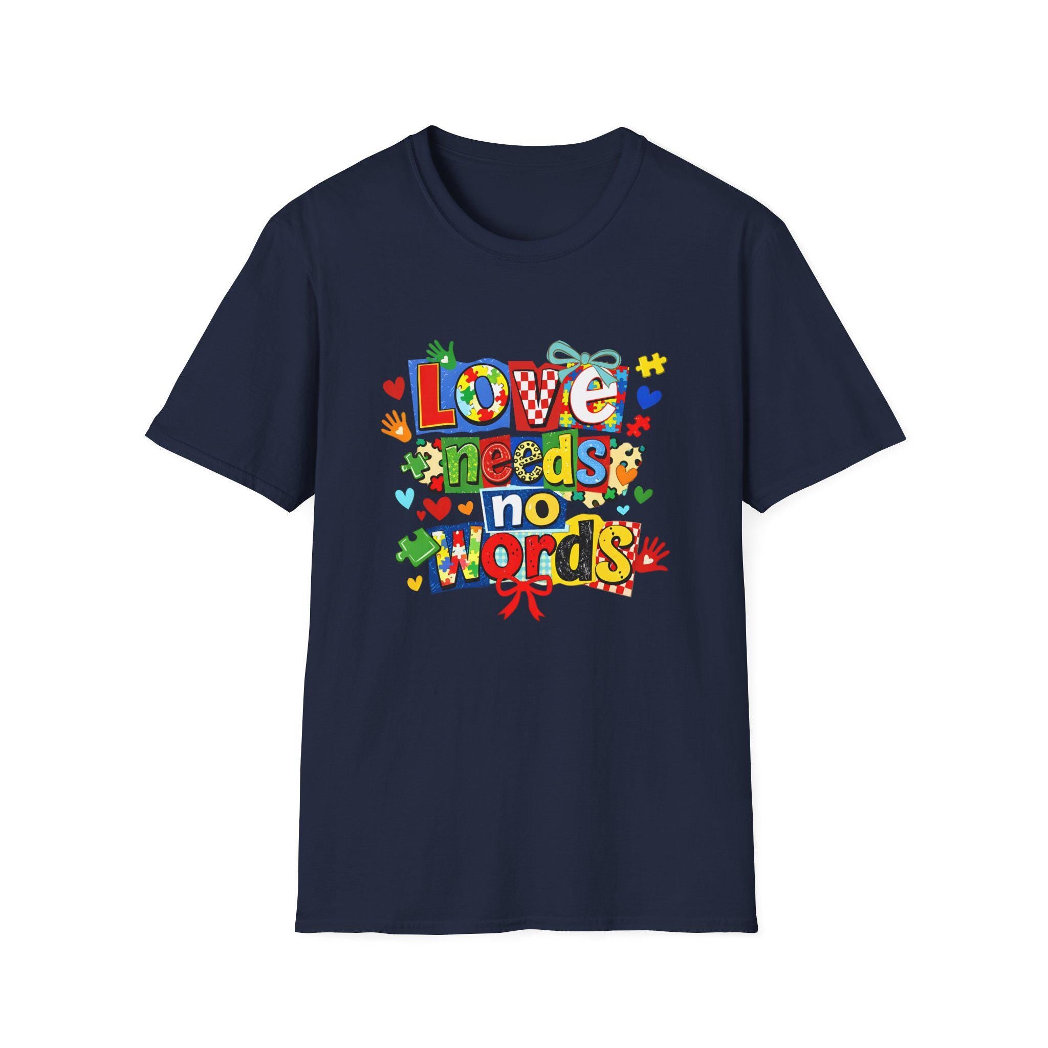Love Needs No Words T-Shirt | Colorful Handprint Heart Illustration