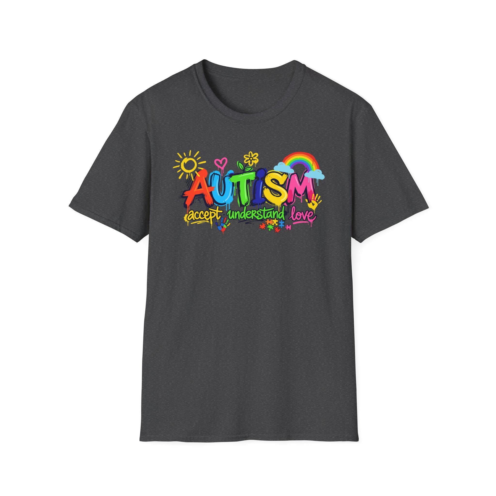 Autism Awareness colorful text T-Shirt | rainbow puzzle heart design