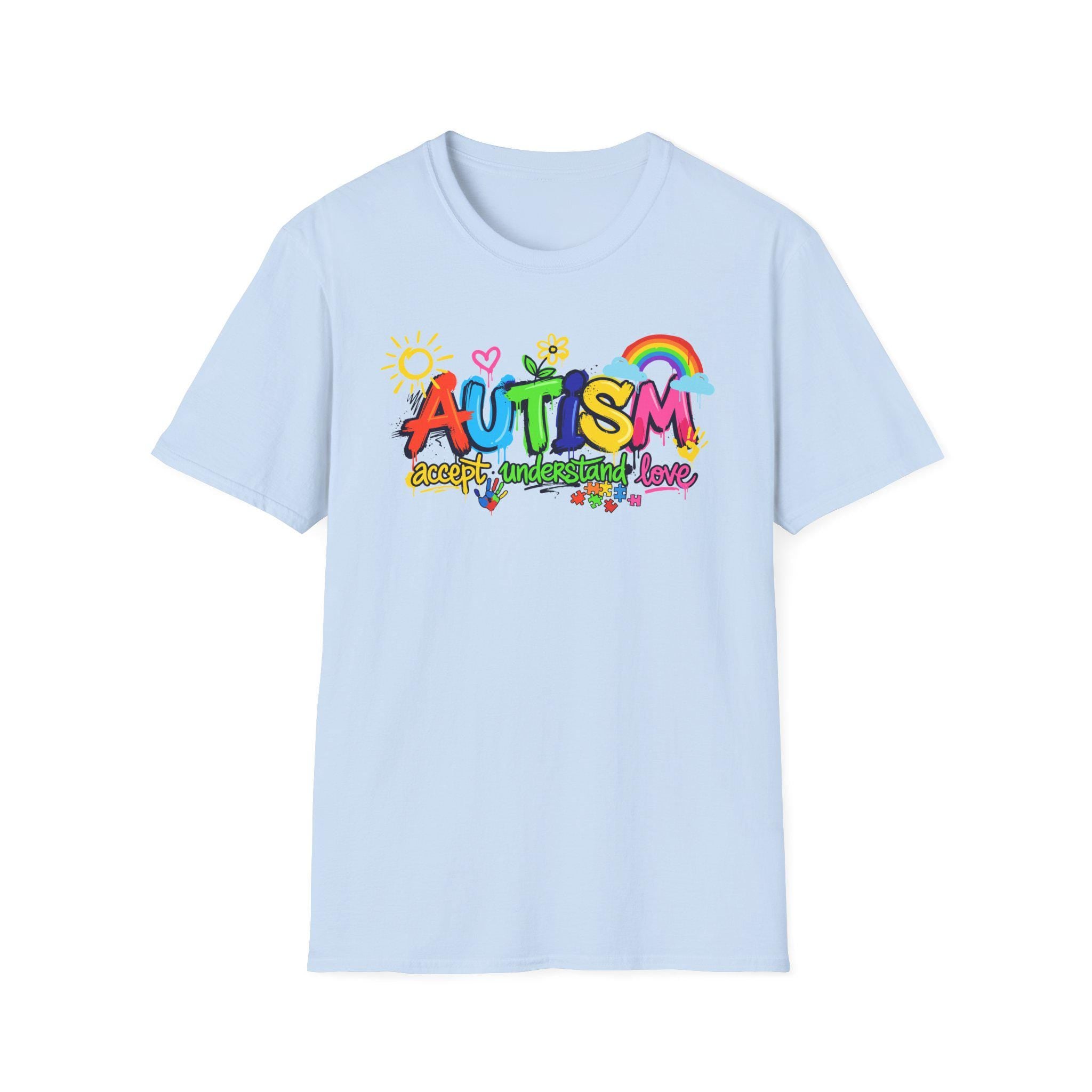 Autism Awareness colorful text T-Shirt | rainbow puzzle heart design