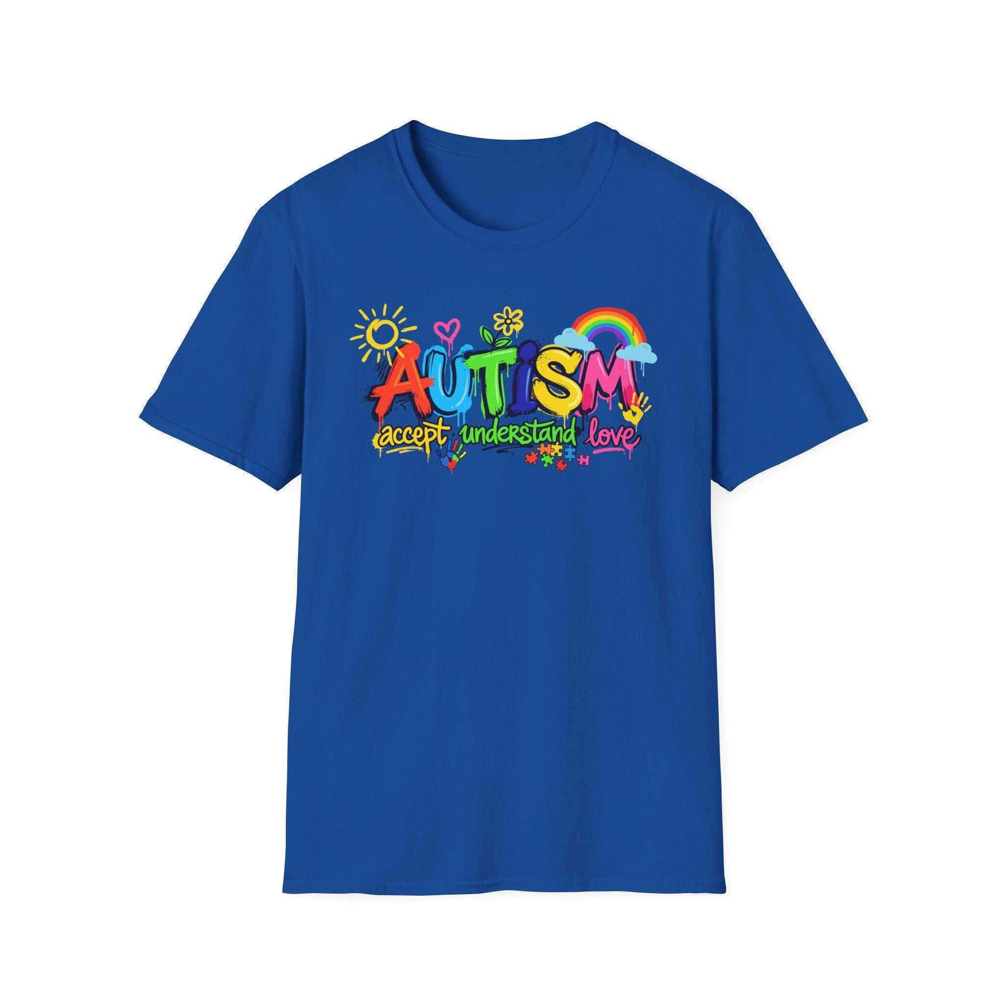 Autism Awareness colorful text T-Shirt | rainbow puzzle heart design