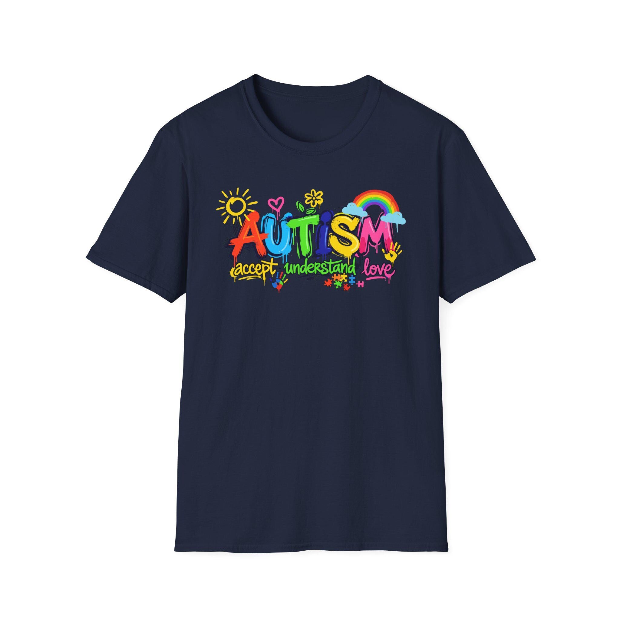 Autism Awareness colorful text T-Shirt | rainbow puzzle heart design