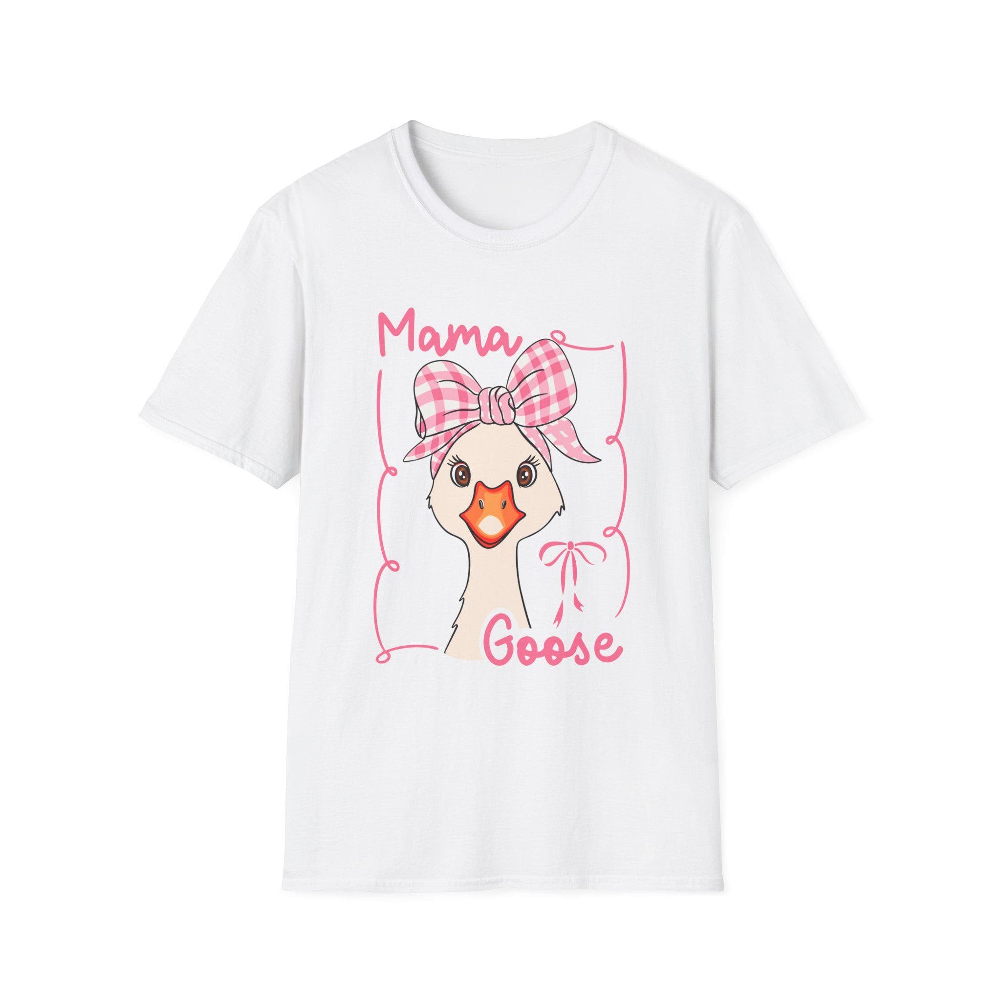 Mama Goose T-Shirt | Whimsical Goose Illustration, Pink Gingham Bow