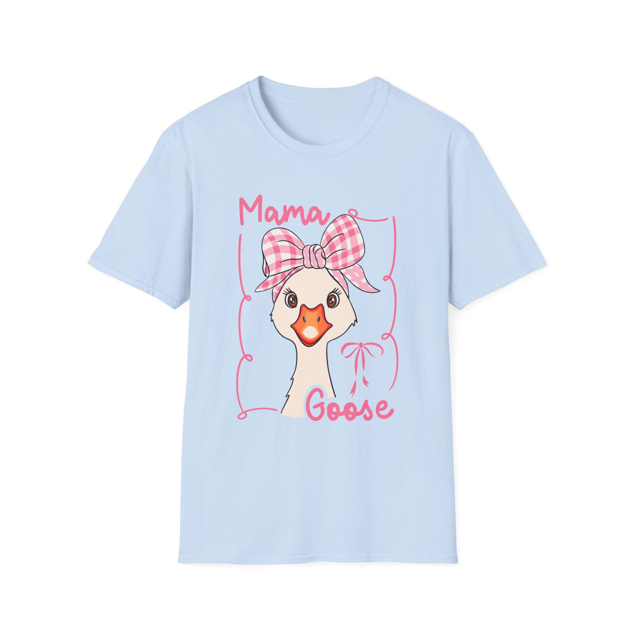 Mama Goose T-Shirt | Whimsical Goose Illustration, Pink Gingham Bow