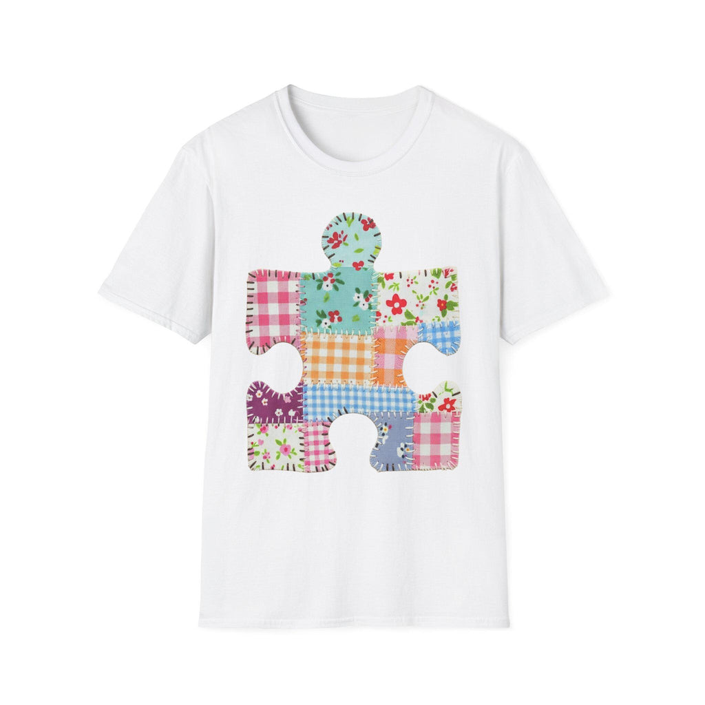 Patchwork Floral Puzzle Piece T-Shirt | Autism Awareness, Quilted Plaid Design