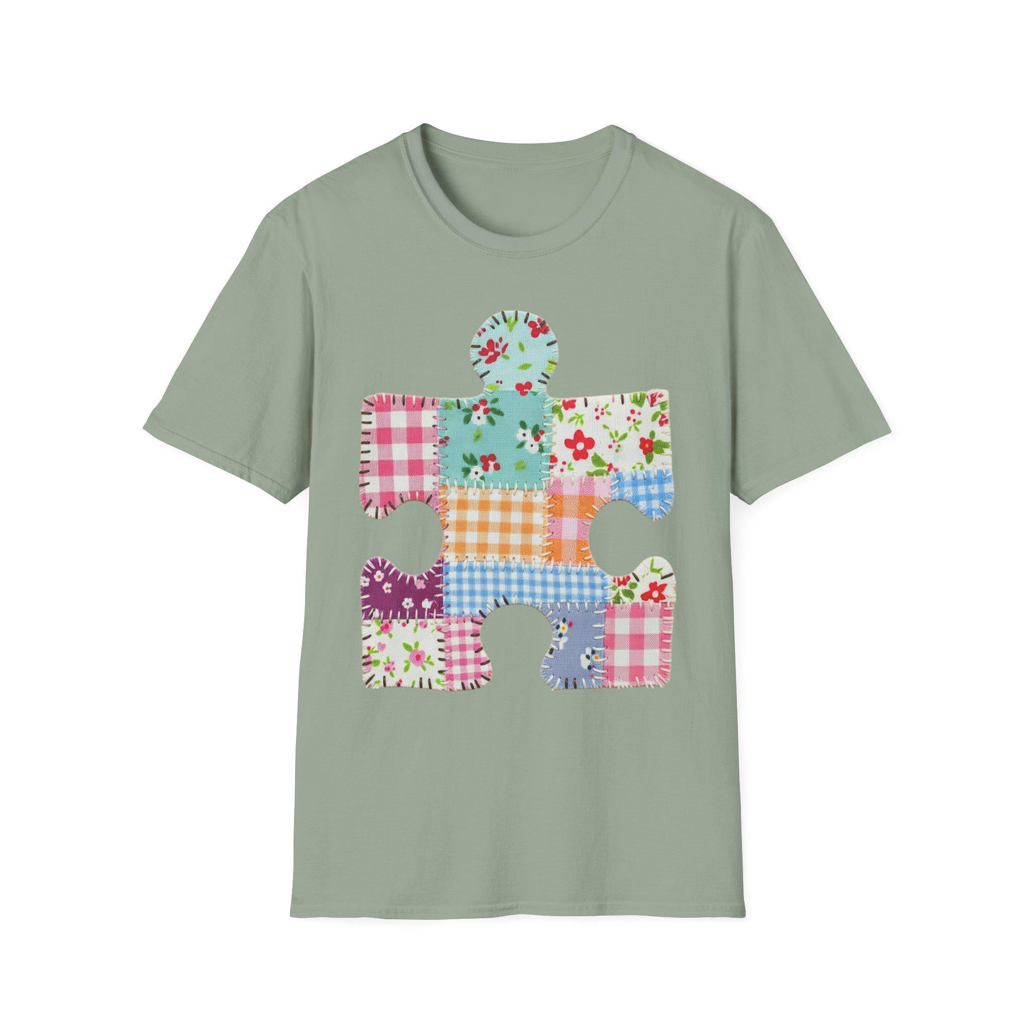 Patchwork Floral Puzzle Piece T-Shirt | Autism Awareness, Quilted Plaid Design