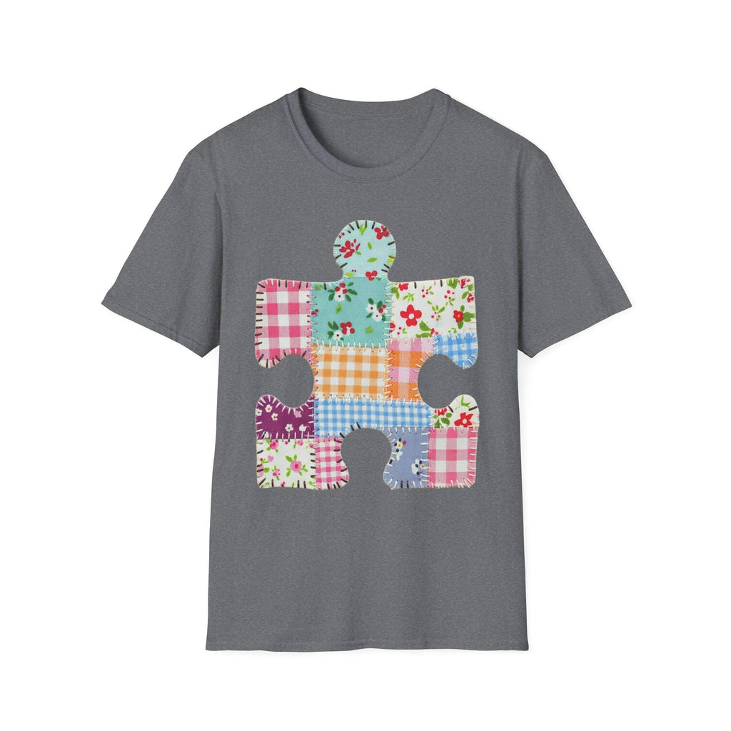 Patchwork Floral Puzzle Piece T-Shirt | Autism Awareness, Quilted Plaid Design