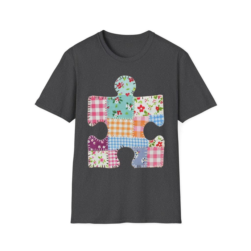 Patchwork Floral Puzzle Piece T-Shirt | Autism Awareness, Quilted Plaid Design