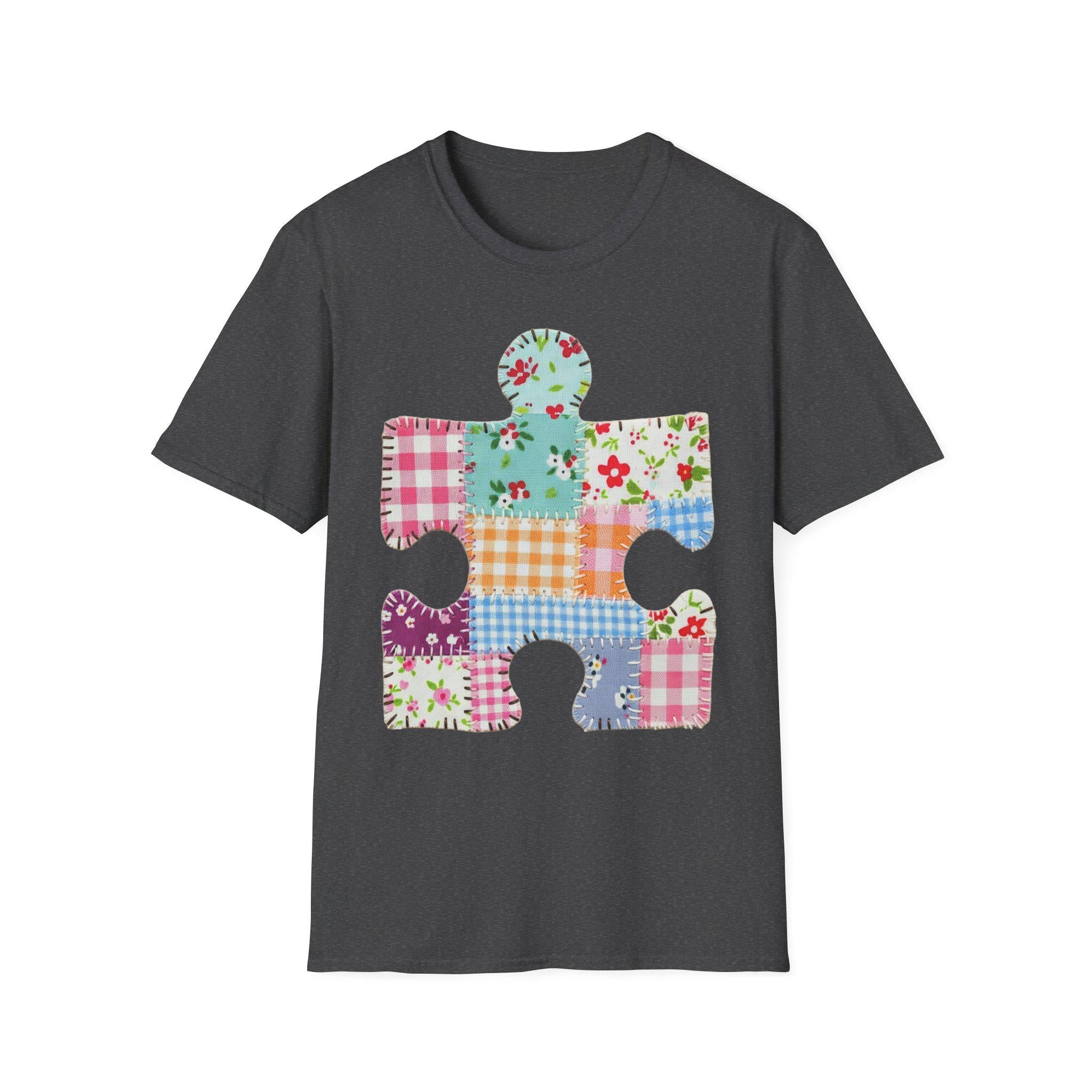Patchwork Floral Puzzle Piece T-Shirt | Autism Awareness, Quilted Plaid Design