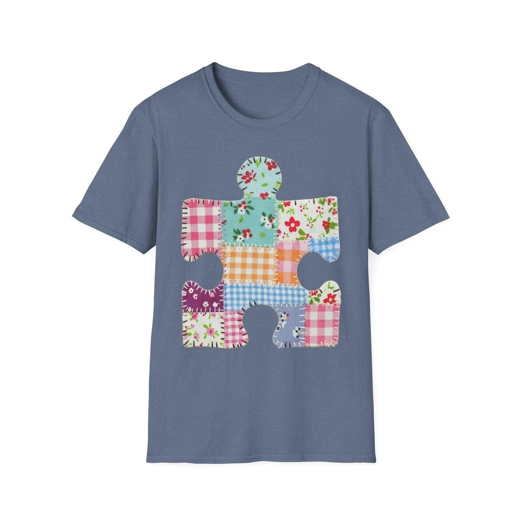 Patchwork Floral Puzzle Piece T-Shirt | Autism Awareness, Quilted Plaid Design
